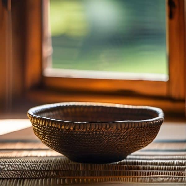 Traditional woven bowl on wooden table near window.