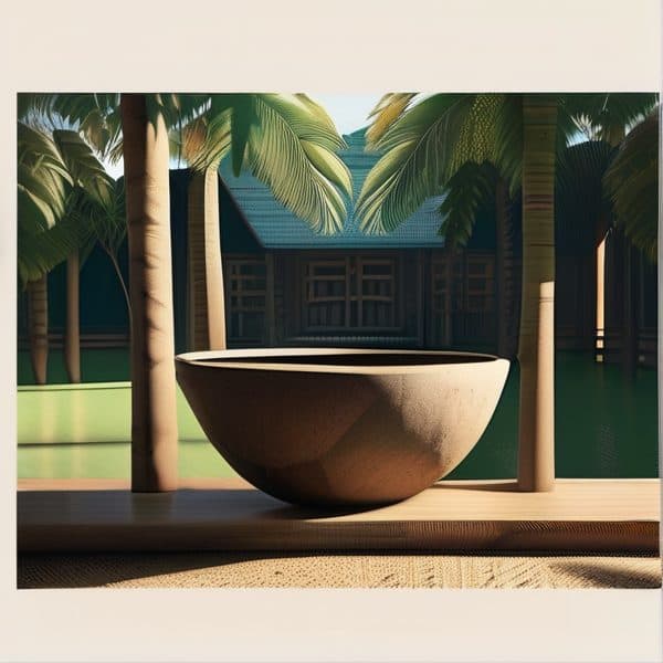 Tropical resort fountain surrounded by palm trees in Fiji.