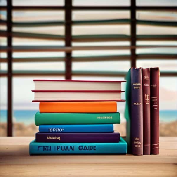 Books stacked on a table with a beach view in the background.