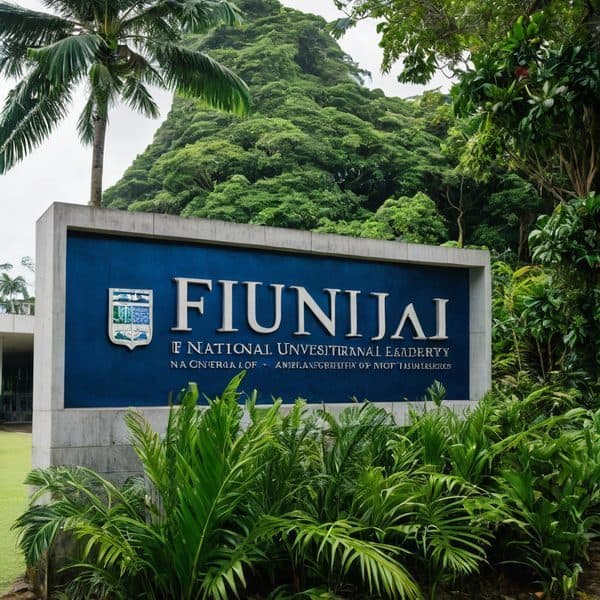 Fiji National University sign surrounded by tropical greenery.
