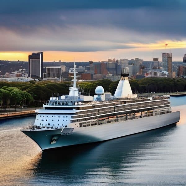 Luxury cruise ship in harbor with city skyline at sunset.