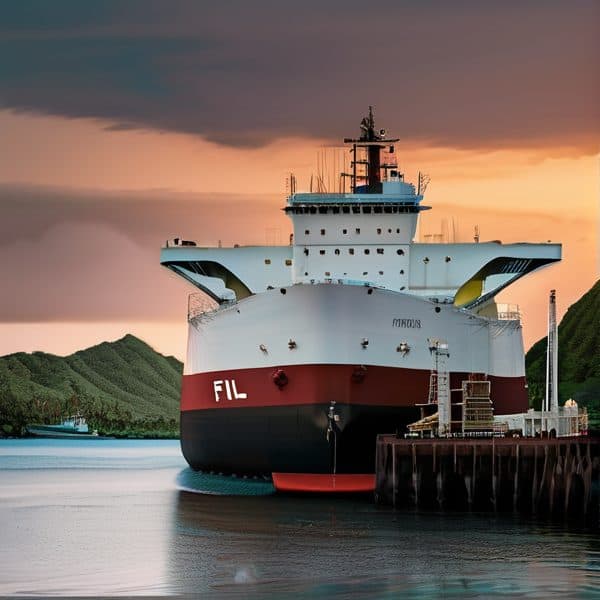 Ship docked at port during sunset in Fiji.
