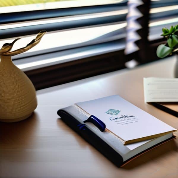 Office desk with notebook, pen, and plant near window.