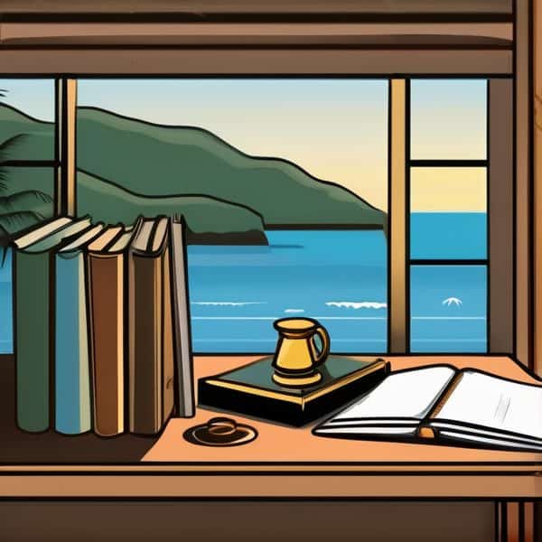 Scenic ocean view from a window with books and a cup on the desk.