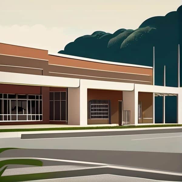 Modern commercial building in Fiji with sleek design and large windows.