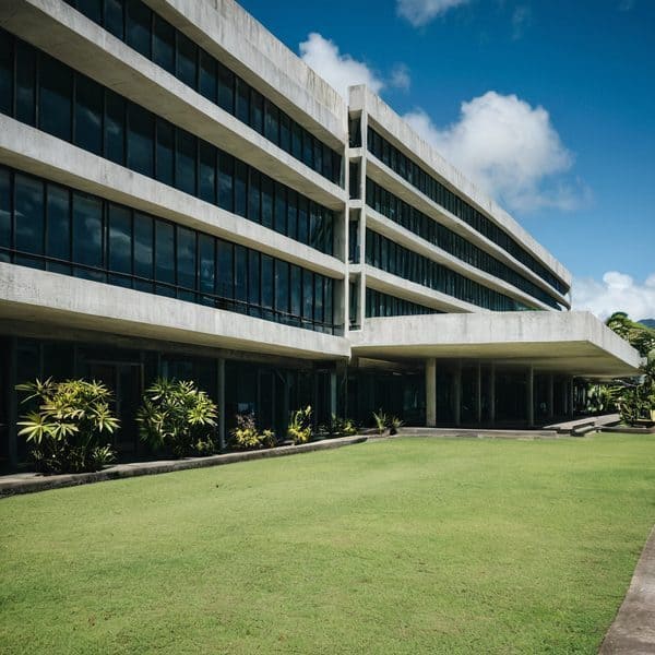 Modern office building with lush green lawn in Fiji.