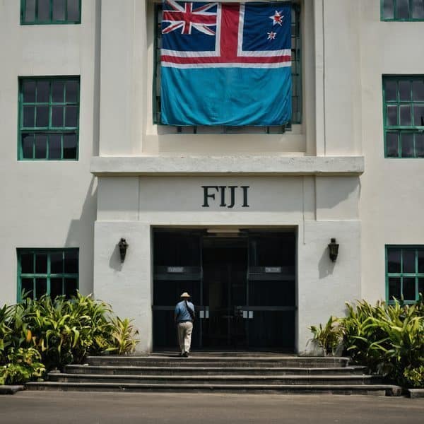 Fiji government building with national flag displayed above entrance.
