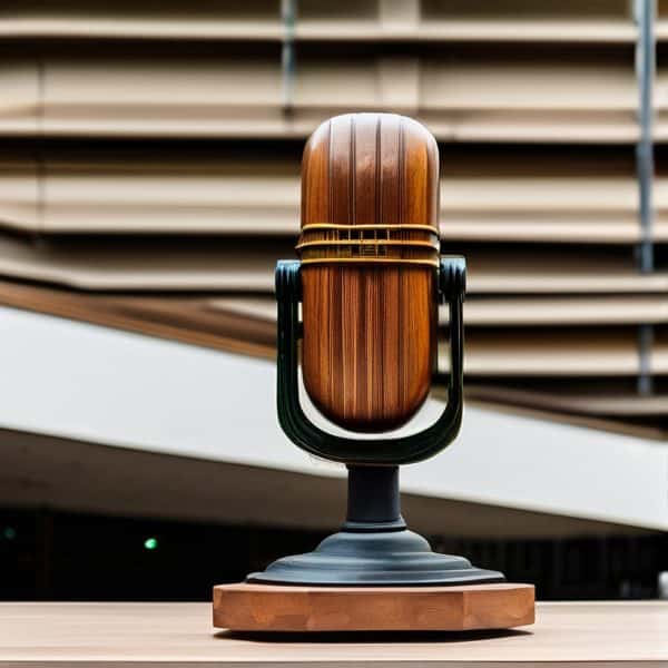 Microphone on wooden podium for news or radio broadcast.