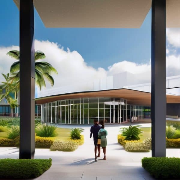 Modern architectural building entrance with glass facade and tropical landscaping.