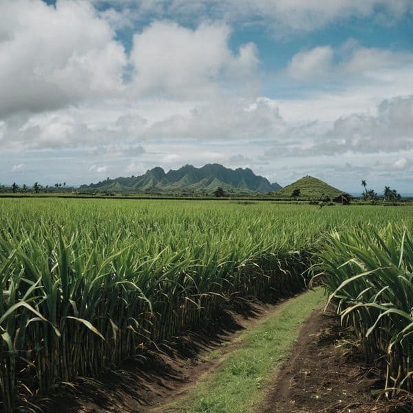 Lush sugar cane fields in Fiji with mountains in the background.