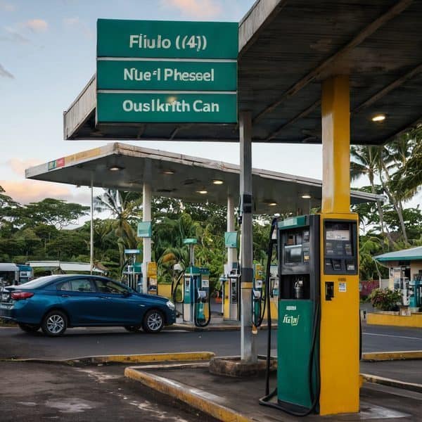 Fiji fuel station with gas pumps and tropical surroundings.