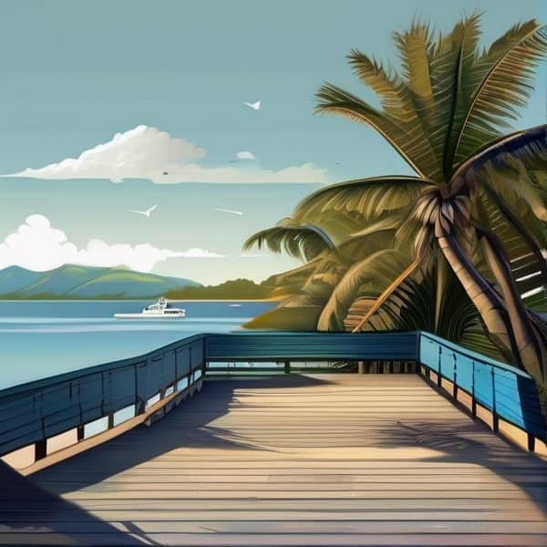 Scenic view of a pier with palm trees and boat on the water in Fiji.