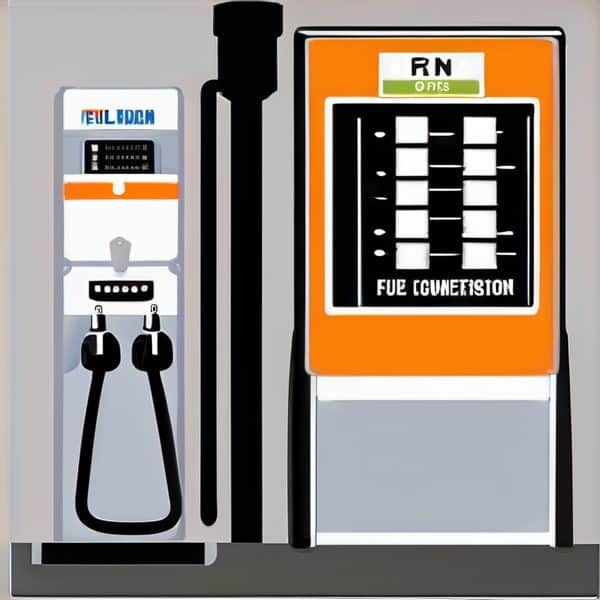 Fuel dispenser with digital display and nozzles at a gas station.