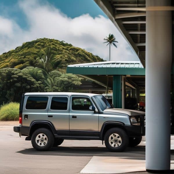 Silver SUV parked at airport entrance with lush greenery and palm trees in background.