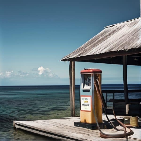 Beachside gas pump at Fiji resort with ocean view.