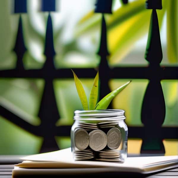 Sustainable savings concept with a plant sprouting from coins in a glass jar.