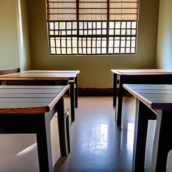 Classroom with wooden desks and a large window in Fiji.