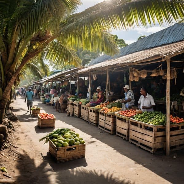 Fiji market with vendors selling fresh fruits under palm trees.