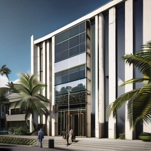Office building with glass exterior and lush palm trees in Fiji.