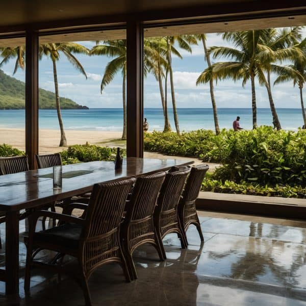 Scenic view of Fiji beach with palm trees and ocean from restaurant window.