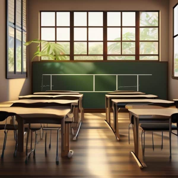 Bright classroom with sunlight streaming through large windows and a green plant on the windowsill.