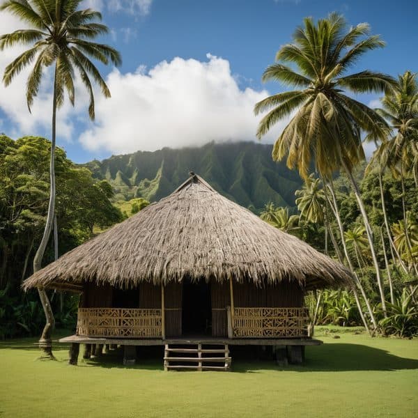 Fijian traditional hut surrounded by palm trees and tropical greenery in Fiji.
