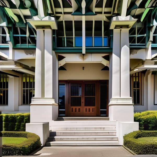 Elegant house entrance with white columns and landscaped garden in Fiji.