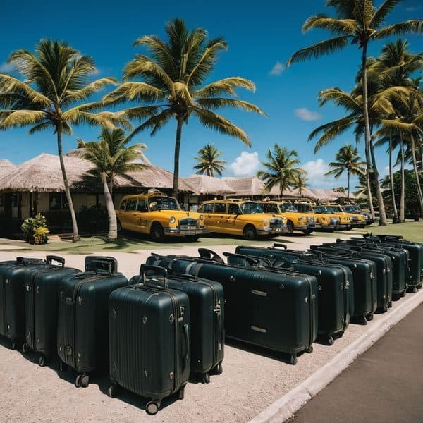 Luggage and taxis at a tropical resort with palm trees and thatched roofs.
