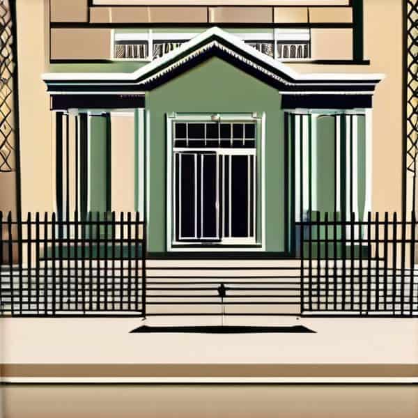 Contemporary green building entrance featuring steps, black fence, and architectural details.