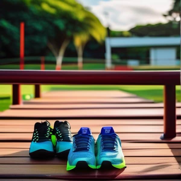 Pair of running shoes placed on a wooden deck in a park setting.