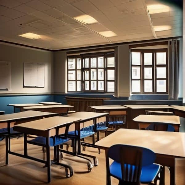 Bright classroom with desks and chairs, large windows, and natural light.