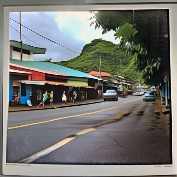 Local village street in Fiji with shops and pedestrians.
