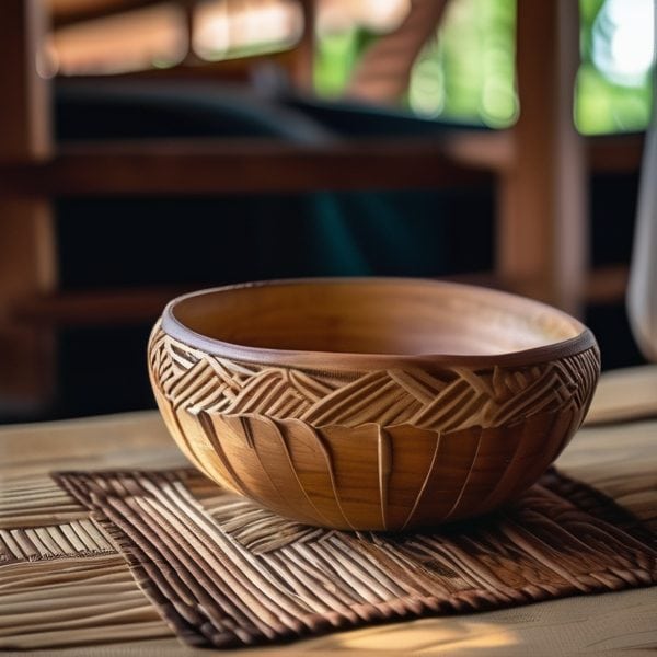 Beautiful wooden bowl with intricate carvings placed on woven mat, showcasing traditional craftsmans.