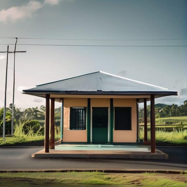 Small village house with a metal roof and porch in rural Fiji setting.