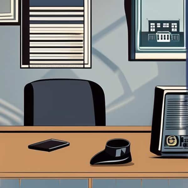 Office desk setup with computer monitor, telephone, and notepad in a modern workspace.