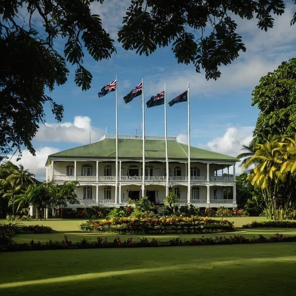 Fiji Government House in Suva with flags and lush gardens.