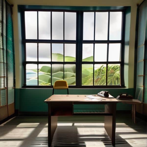 Office with large window, tropical view, and simple desk setup in Fiji.