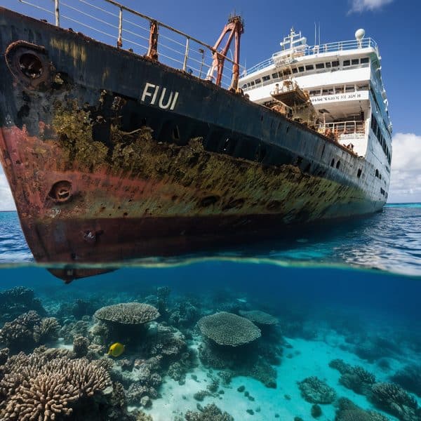 Fiji shipwreck with vibrant coral reef and diverse marine life underwater.