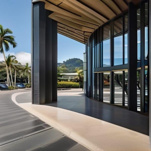 Modern building entrance with glass walls and tropical landscape in Fiji.