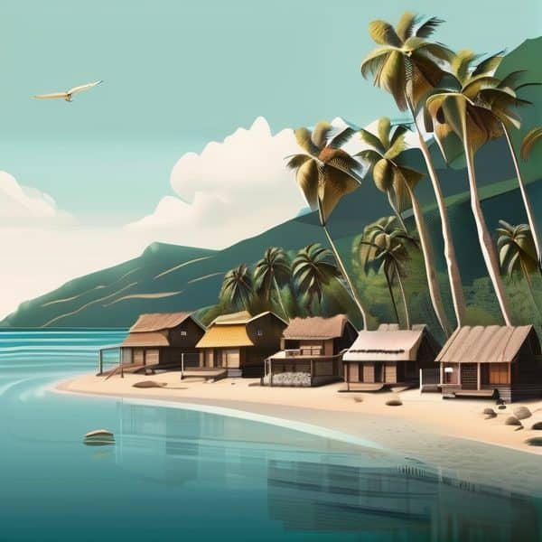 Tropical island village with palm trees, wooden huts, and calm ocean waters.