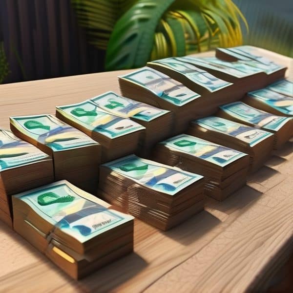 Stacks of Fijian banknotes arranged on a wooden table for financial or business purposes.