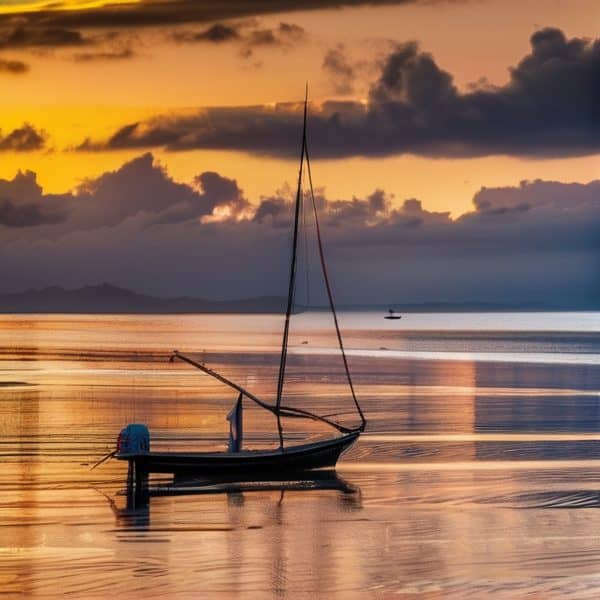 Sunset sailboat scene in Fiji with vibrant sky and tranquil ocean.