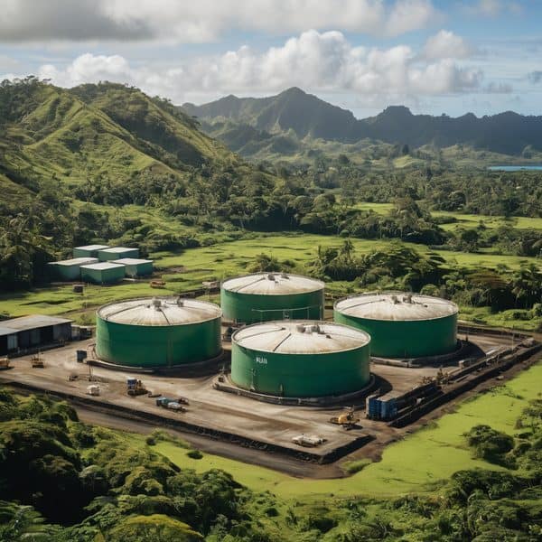 Oil storage tanks in lush green landscape with mountains in the background.