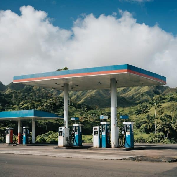 Gas station in Fiji with scenic mountain backdrop.