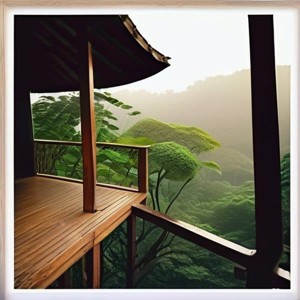Treehouse balcony with wooden railing overlooking vibrant green rainforest.