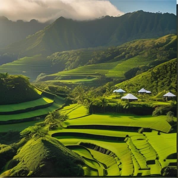 Bali tea terraces with lush green hills and traditional farming structures.