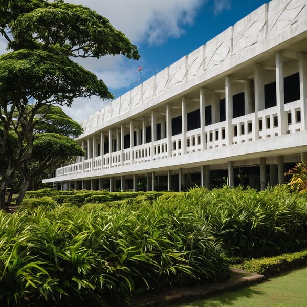 Fiji Parliament Building with lush greenery and blue sky background.