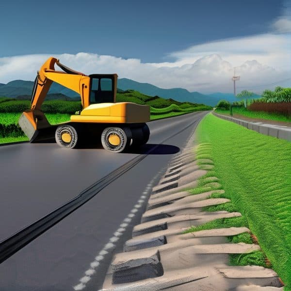Construction excavator on roadwork site with green landscape background.