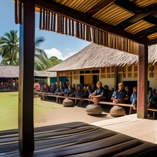Fijian community gathering under traditional thatched roof in a village setting.