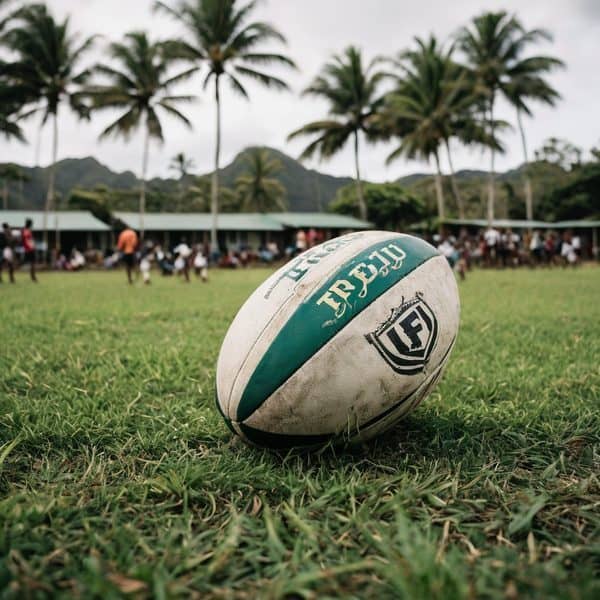 Rugby ball on grassy field during match with players and palm trees in the background.
